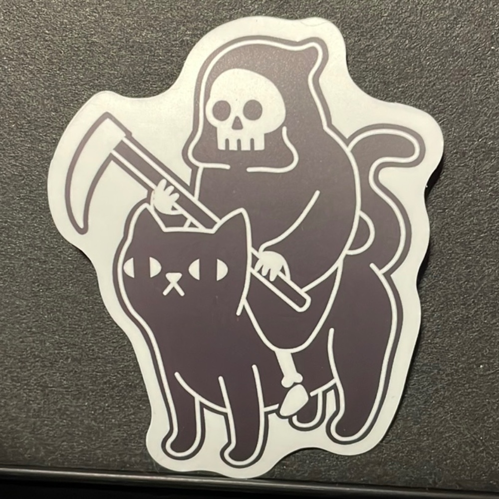 DEATH RIDING A CAT STICKER